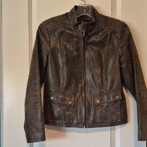 Alfani Brown Leather Jacket with Stand-Up Collar and Slim Fit